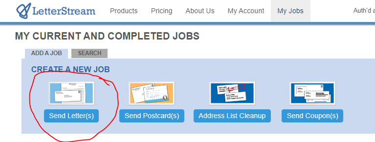 Backend of LetterStream portal where you create a job and choose send letters