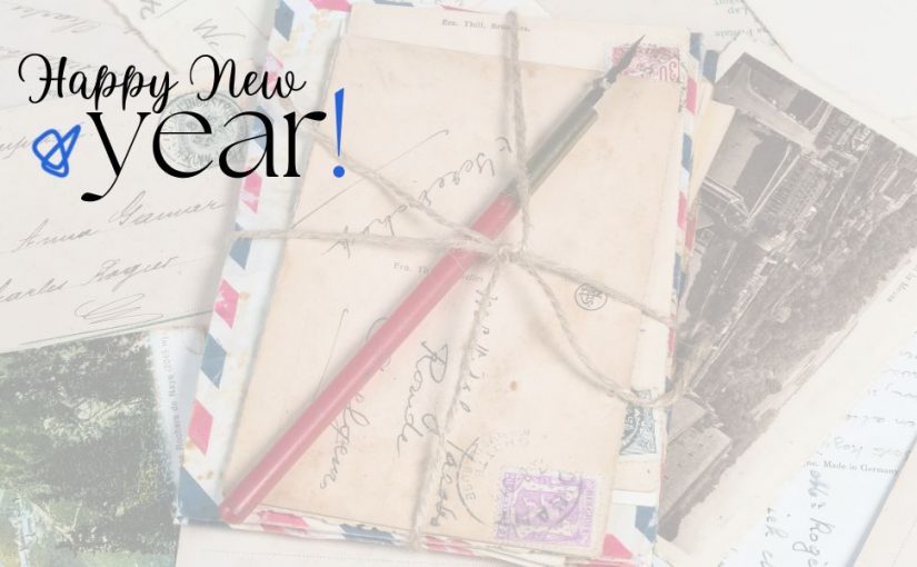Background with a vintage letter and mailing envelope with the words Happy New Year on top of it and the LetterStream logo