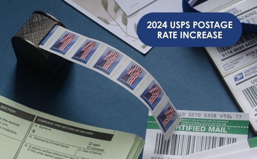 A roll of USPS stamps rolled out on top of First-Class Mail, Certified Mail Certified Mail, Certified Mail flats, and a green card with the words 2024 USPS rate increase