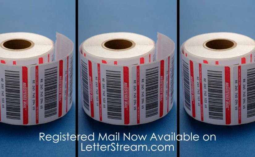 Three rolls of a Registered Mail label with a Registered Mail barcode