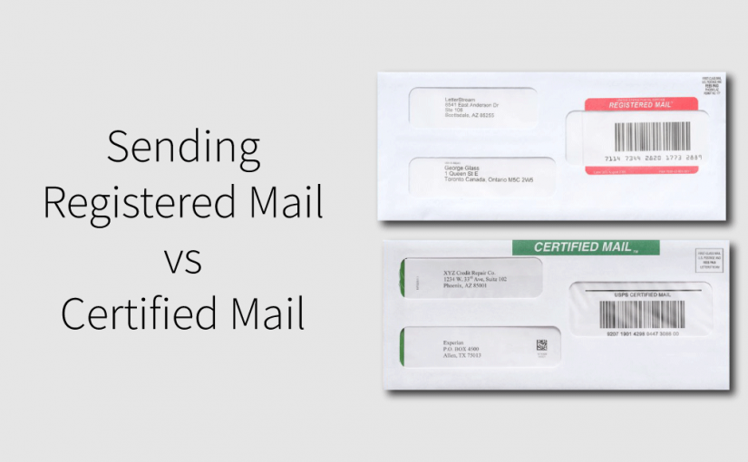 Registered mail envelope next to a certified mail envelope to be mailed with tracking information