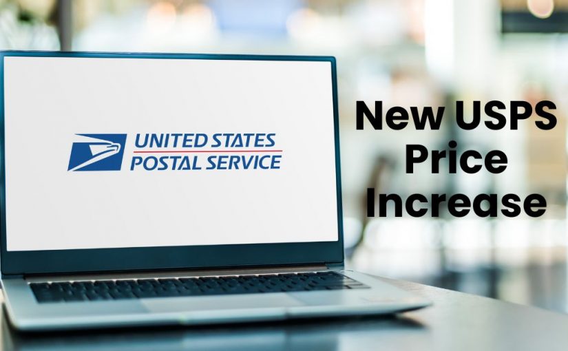 A laptop computer with the United States Postal Service logo and words across it with the words new usps price increase on the side