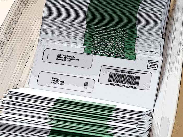 A stack of Certified Mail letters in a bin with a certified mail barcode and address being shown on one 