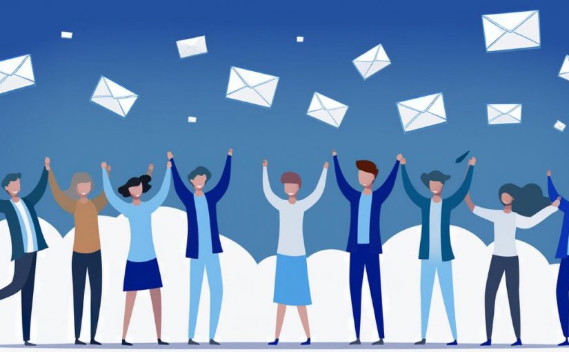 graphic of a group of people celebrating mail with #10 envelopes flying over their heads