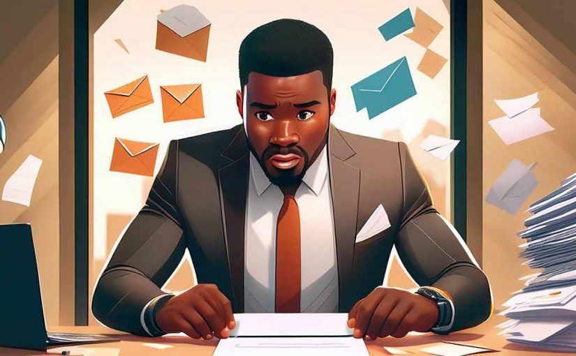 Cartoon style image of a man sitting at a desk folding HOA letters with envelopes around him and he looks frustrated