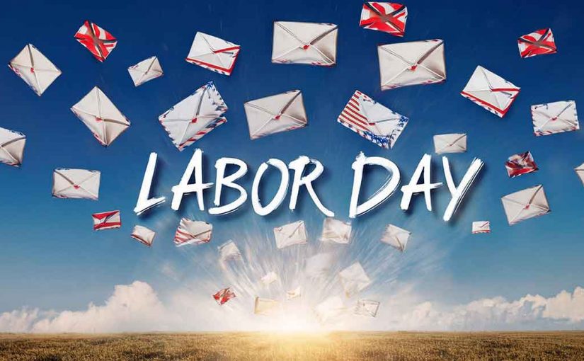 Labor Day written across the sky with mail envelopes flying around it