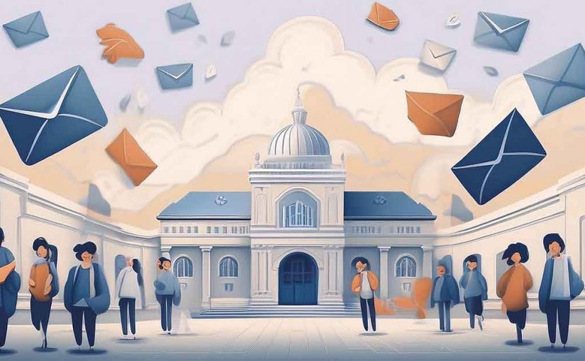 students walking in front of a school building with envelopes flying over their heads