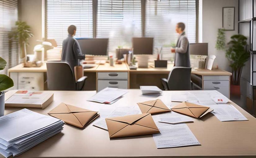 a small business office that has employees in the back and envelopes of mail on the front counter