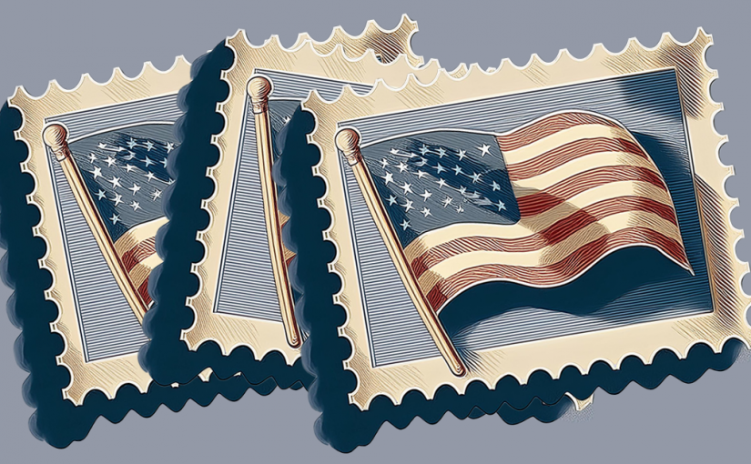 three USPS postage stamps with American flag on the